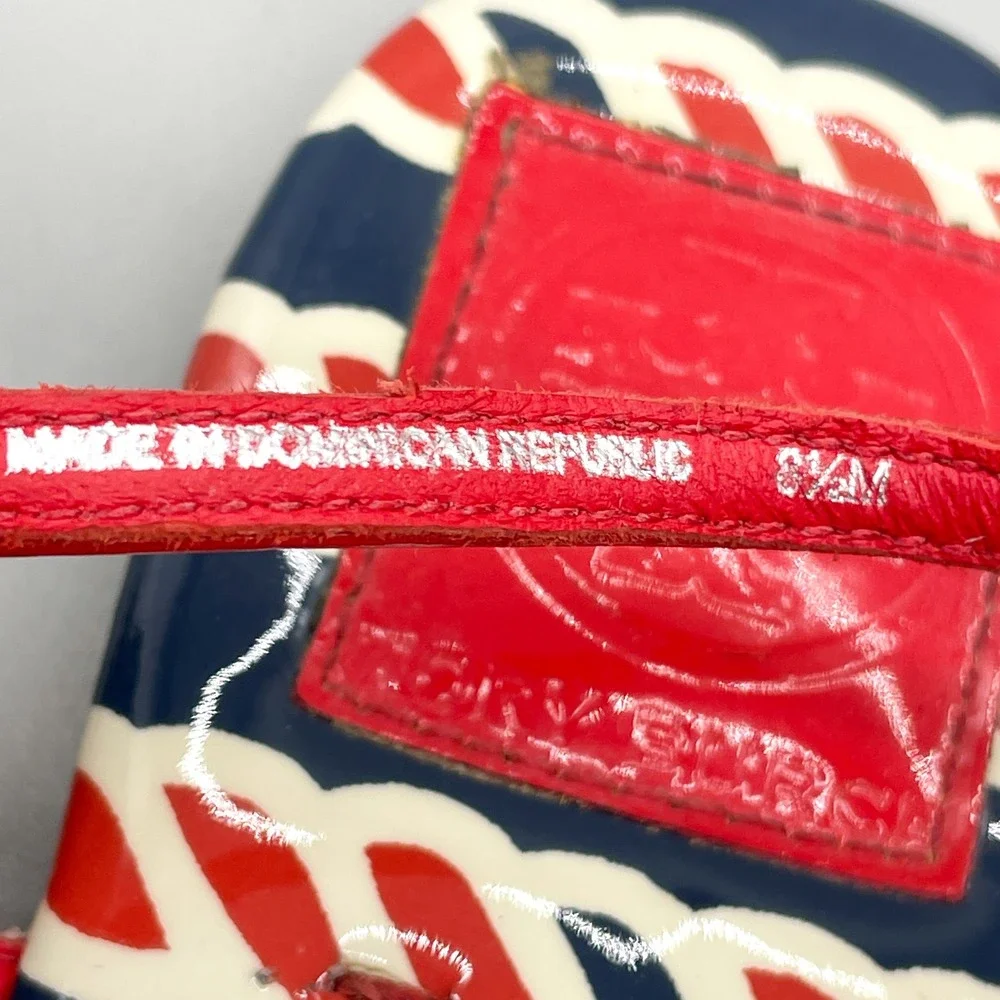 Tory Burch Womens 8.5 Emmy Red Navy Rope Patent Leather Thong Sandals Gold Logo